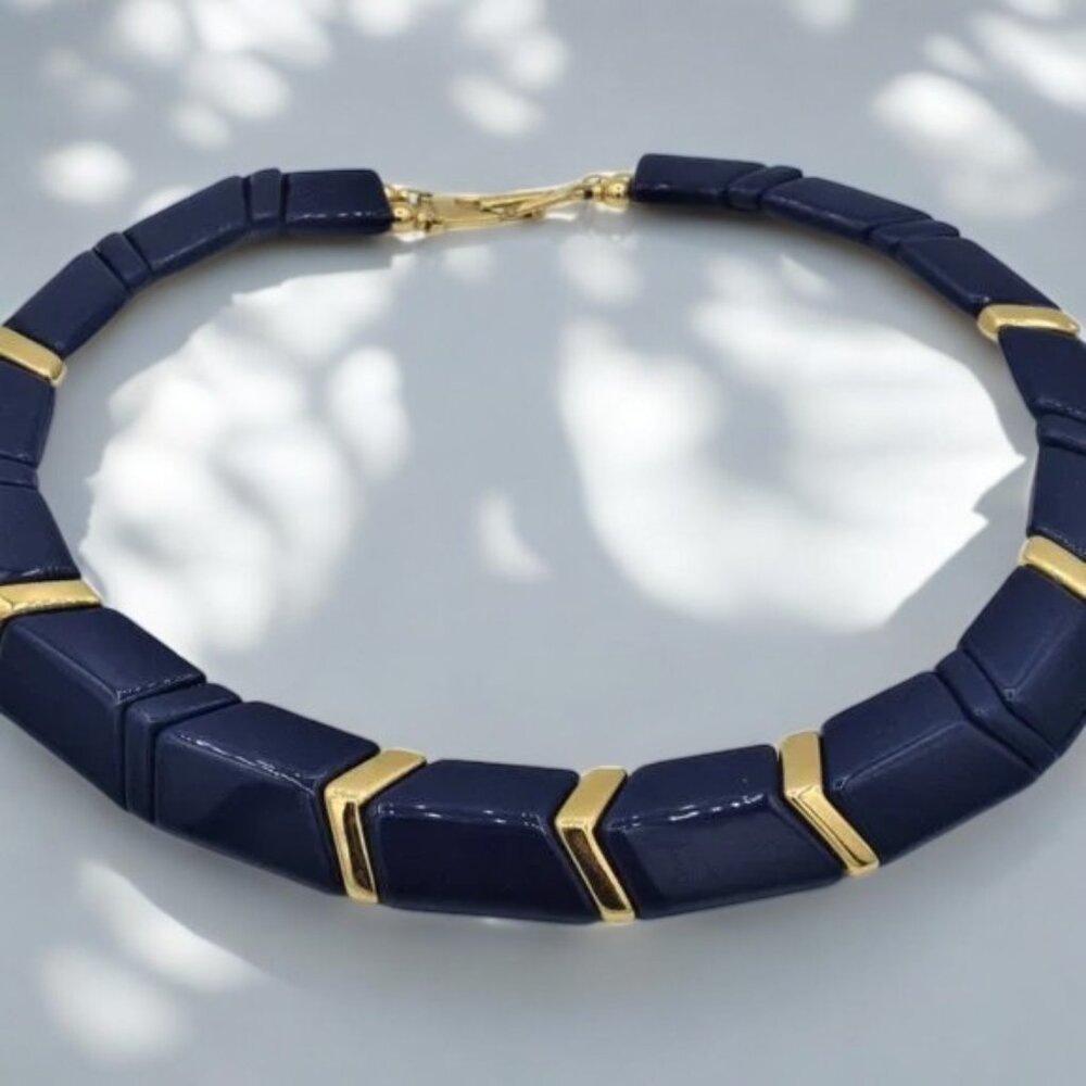 Vintage Modernistic Studio Necklace Navy & Gold Lucite & Metal Geometric